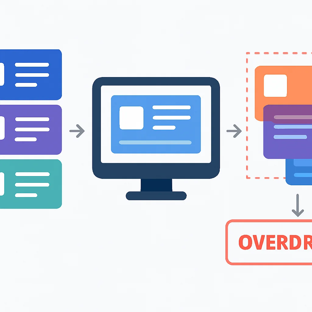 UI render pipeline diyagramı ve aşırı çizim vurgusu