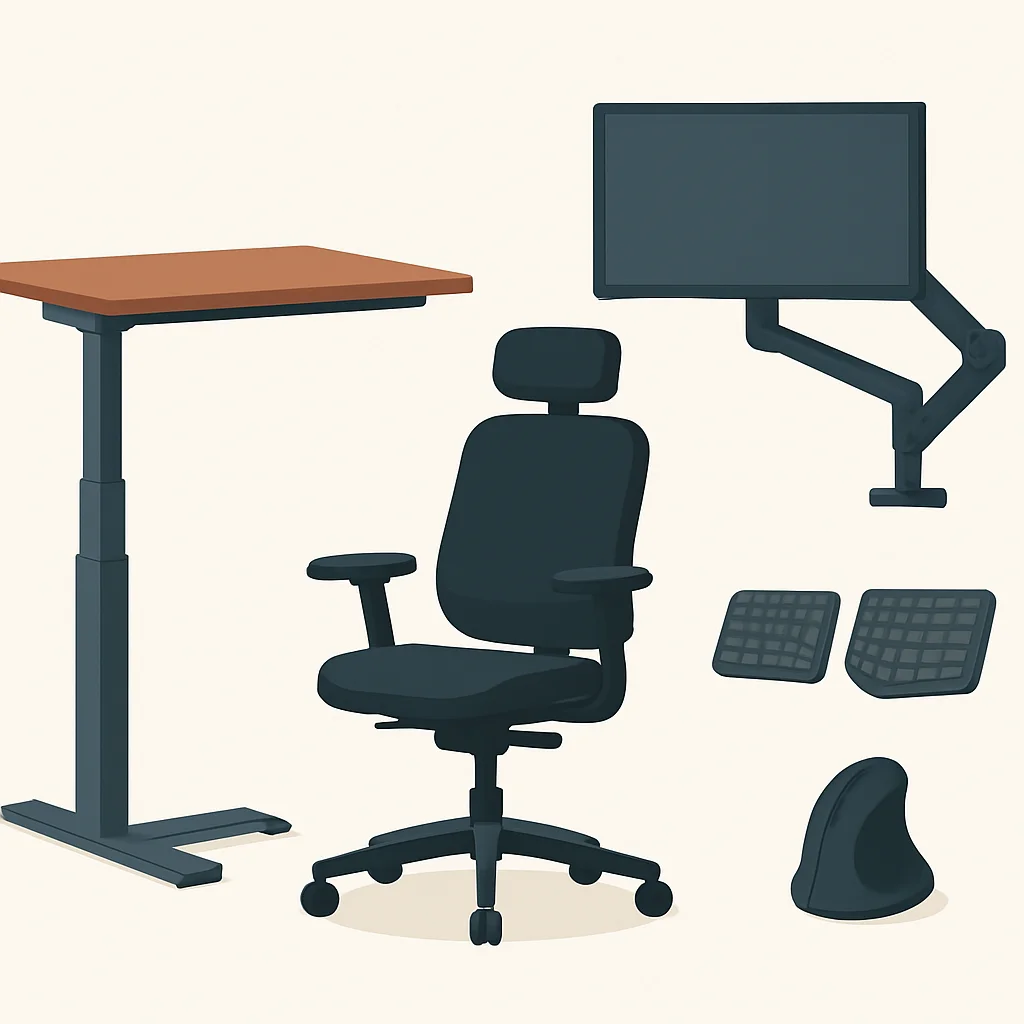 Çeşitli ergonomik ofis ekipmanları: ayakta çalışma masası, ergonomik sandalye, ayrık klavye, dikey fare ve monitör kolu