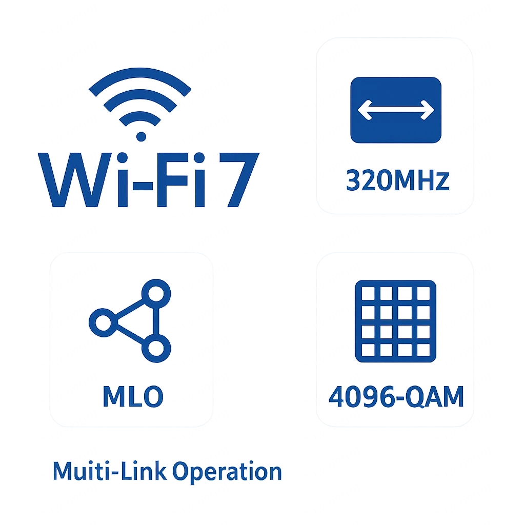 Wi-Fi 7 logosu ve MLO, 320MHz, 4096-QAM gibi temel özellikleri gösteren infografik