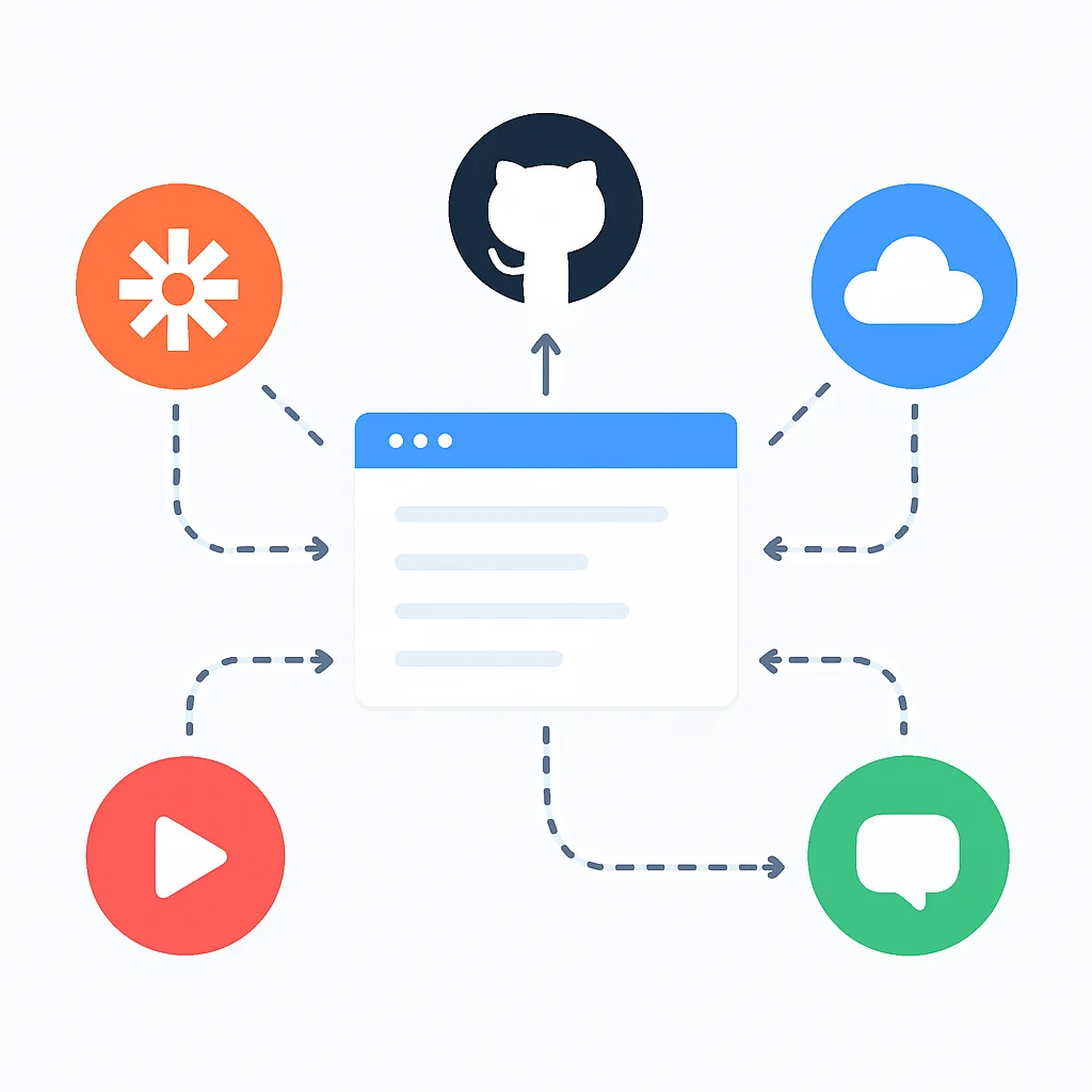 Zapier, GitHub Actions gibi çeşitli araçların farklı platformları birbirine bağladığı iş akışı otomasyon diyagramı