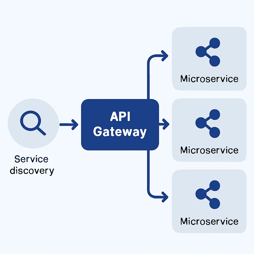 API Gateway'in mikro hizmetlere istekleri yönlendirmesi ve servis keşfi diyagramı